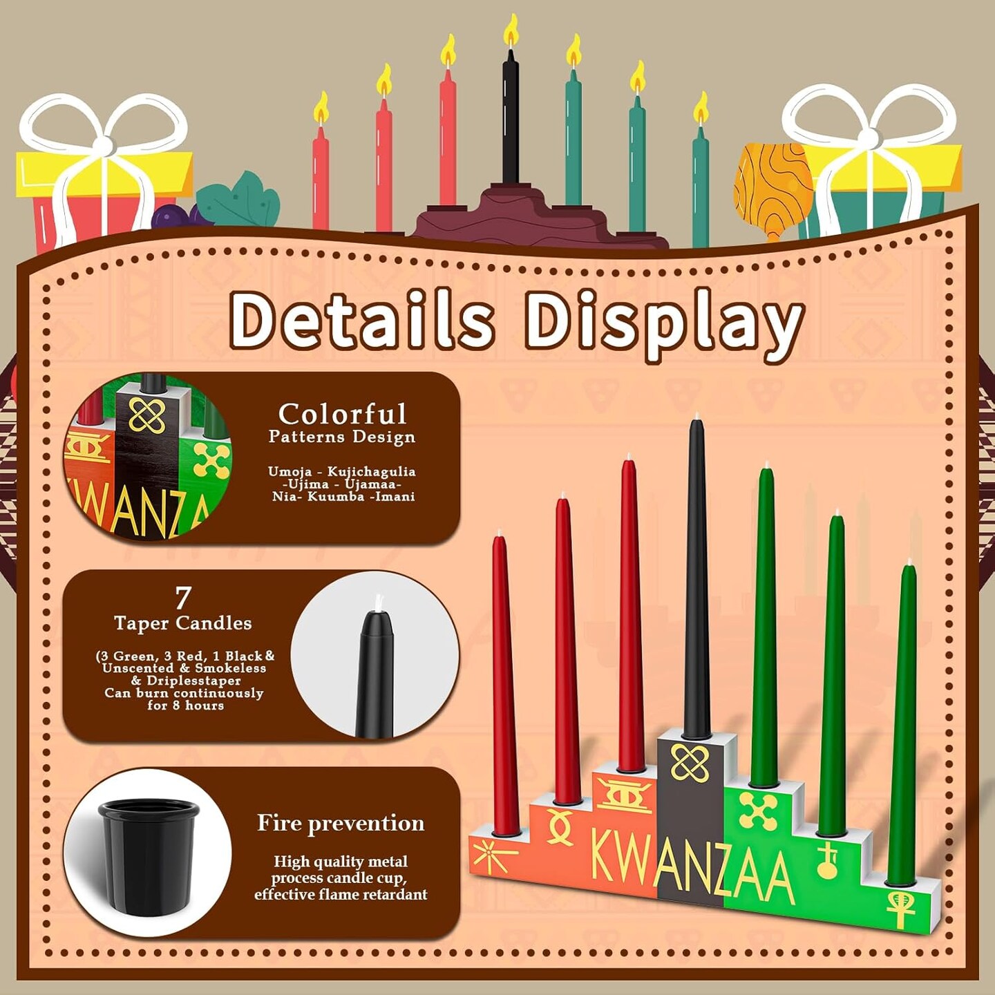 Kwanzaa Kinara Set Kwanzaa Candle Holder with Dripless Taper Candles Set 3 Red 3 Green 1 Black Double Sided Wooden Kwanzaa Celebration Decorations Kwanzaa Candle Holders for Table -Trapezoid
