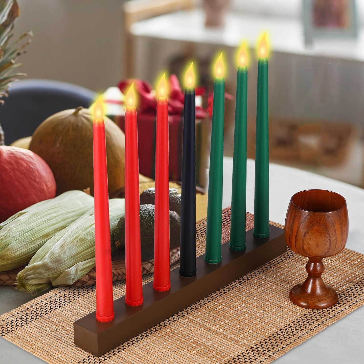 10 Pieces Kwanzaa Kinara Candles Set Flameless Battery Operated Kwanzaa LED Taper Candles with Candle Holder Wooden Wine Goblet Bamboo Table Mat for Kwanzaa Celebration Decoration
