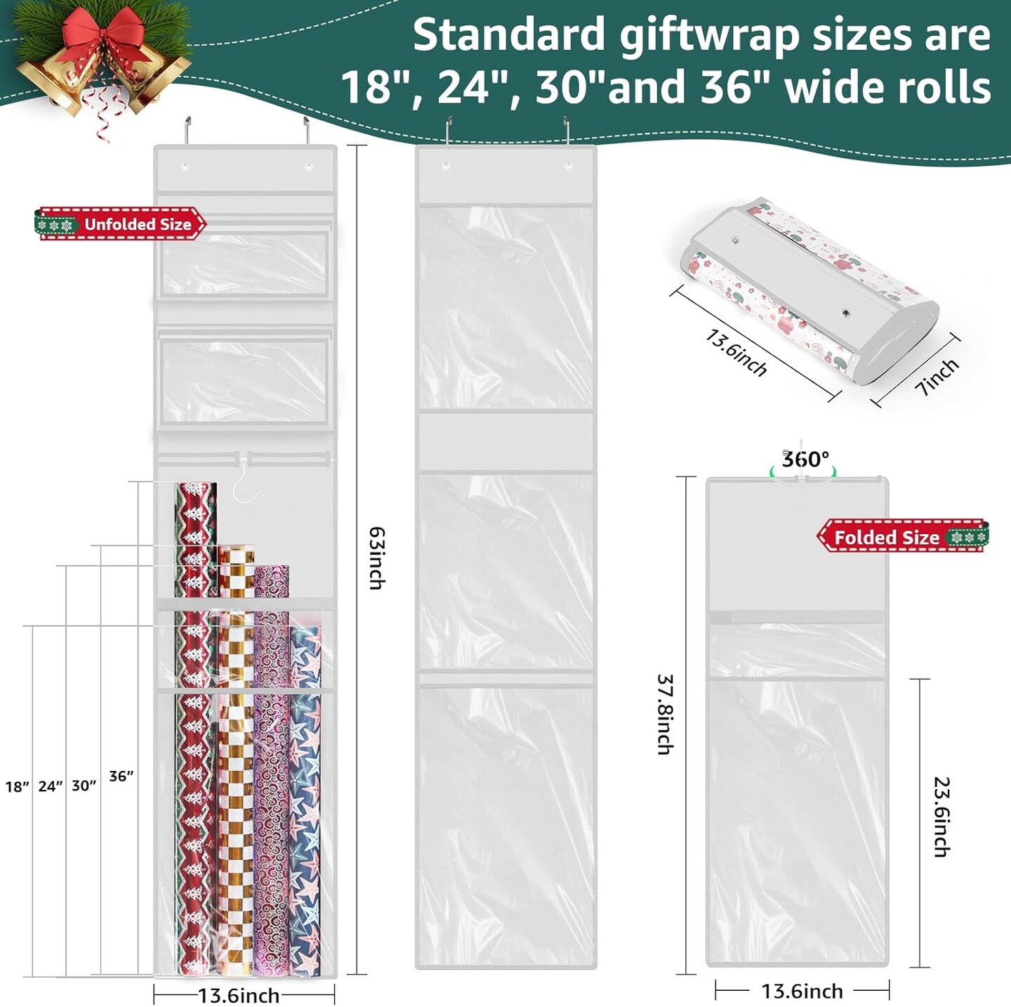 Wrapping Paper Organizer Storage, Double-Sided Hanging Gift Wrap Roll Holder for Christmas, 63&#x22;x13&#x22; Over Door Present Bag Container for Room Closet, White Wrapper Station for Birthday