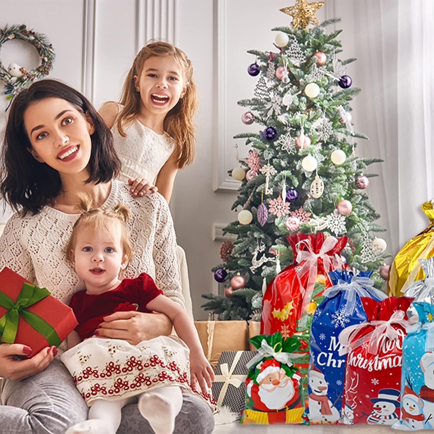 40 Pcs Christmas Gift Wrapping Bag Christmas Wrapping Bag Assorted Size Goody Bags Treat Bag for Christmas Holiday Presents Party Favor (11 Design, 6 Size)