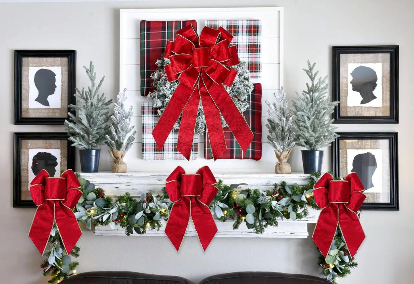 4 Pack Christmas Bows Decor Red Bows Christmas Tree Red Velvet Fabric Bows Can Christmas Tree Fireplace Decoration Railing Christmas Bows for Wreaths (Red)