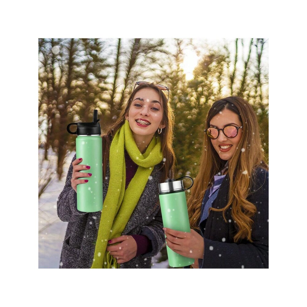 22 Oz Double-walled Insulated Stainless Steel Water Bottle with 2 Lids and Straw