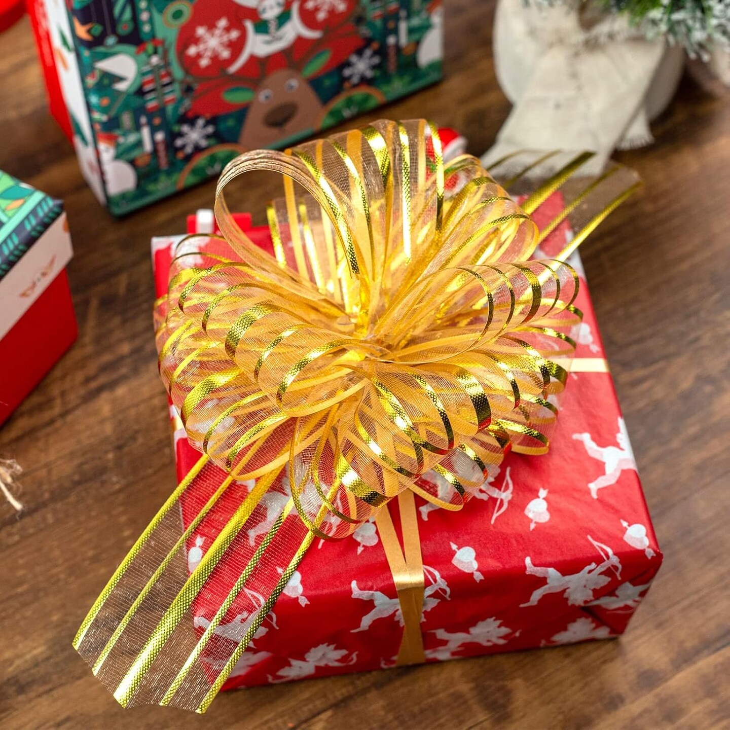 24PCS Gold Pull Bows, Large Christmas Pull Bows Shiny Gift Wrapping Bows for Christmas Holiday Wedding Gift Box Baskets Decoration