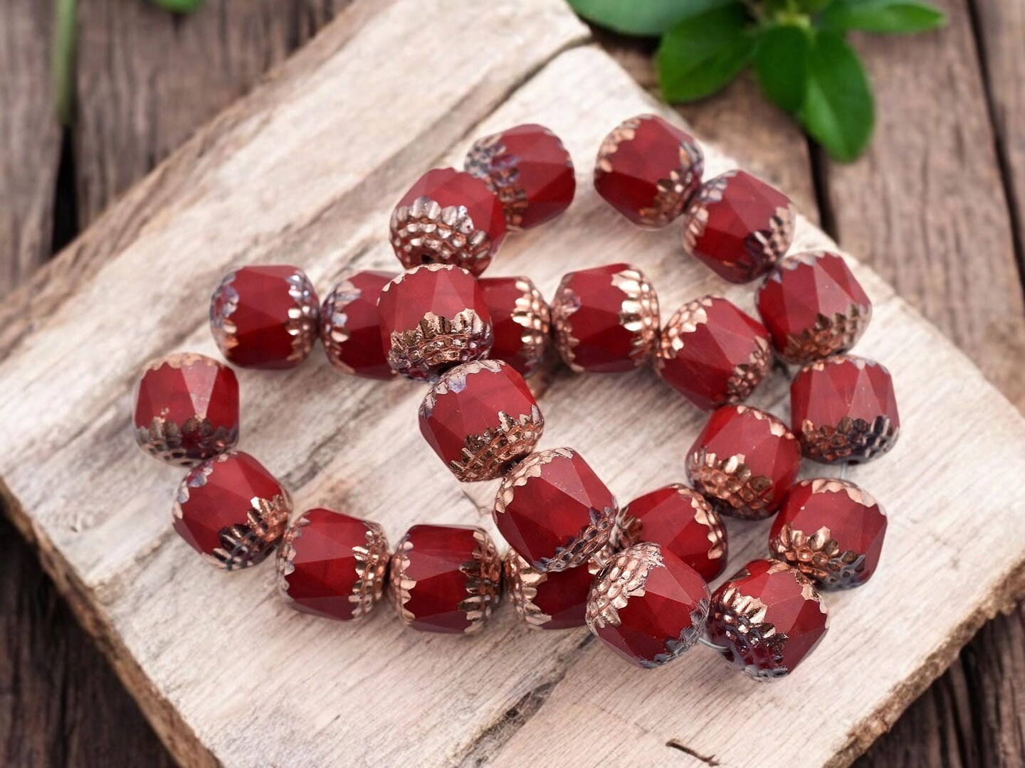 *10* 10mm Copper Washed Opaque Red Fire Polished Cathedral Beads