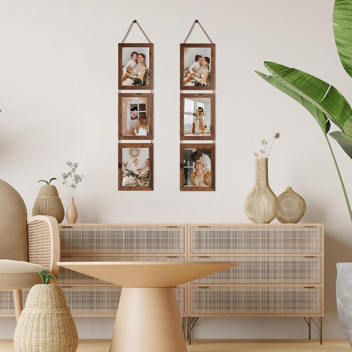 5x7 Collage Picture Frames, 3 Openings Hanging Photo Frame Set Display Vertical 5 by 7 inch Pictures for Wall Decor, Rustic Walnut Brown, 2 Pack