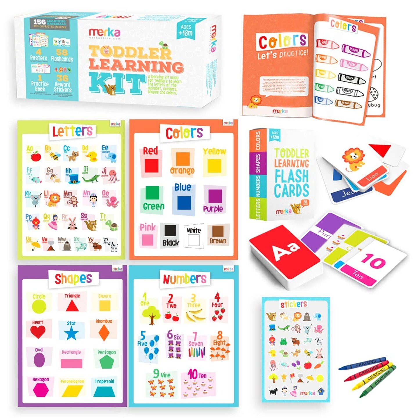 Merka Toddler Learning Kit, Learning ABC, Alphabet, Letters, Colors, Shapes and Numbers, Educational Toys Set with 4 Posters, 58 Flashcards, 1 Practice Book, 36 Stickers, Preschool Homeschool Kit