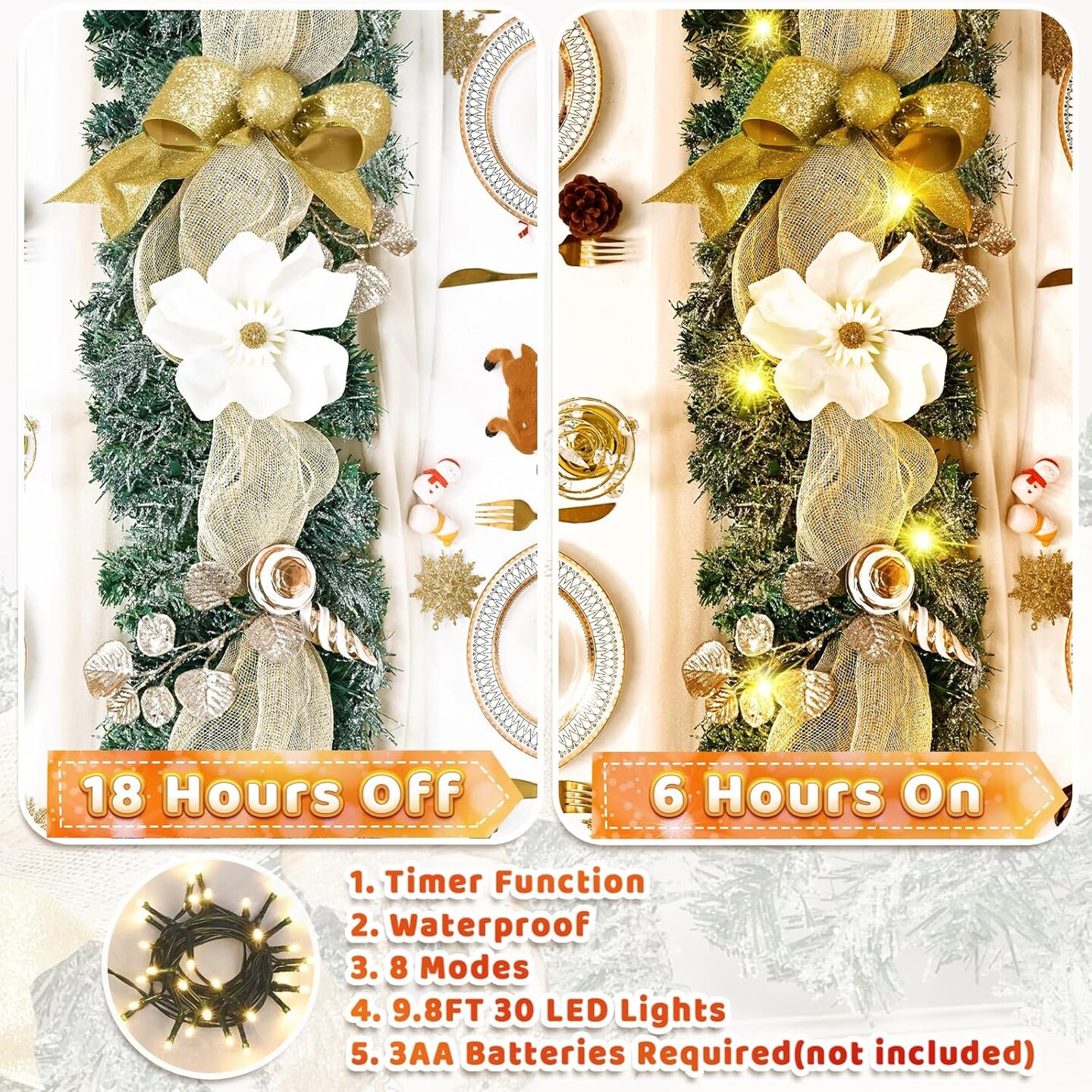 Christmas Garland Decorations, 5.9 FT Luxury Christmas Garland for Mantle, Christmas Flocked Garland with Gold Bows Ribbons Magnolia for Front Door Fireplace Table Home Decor