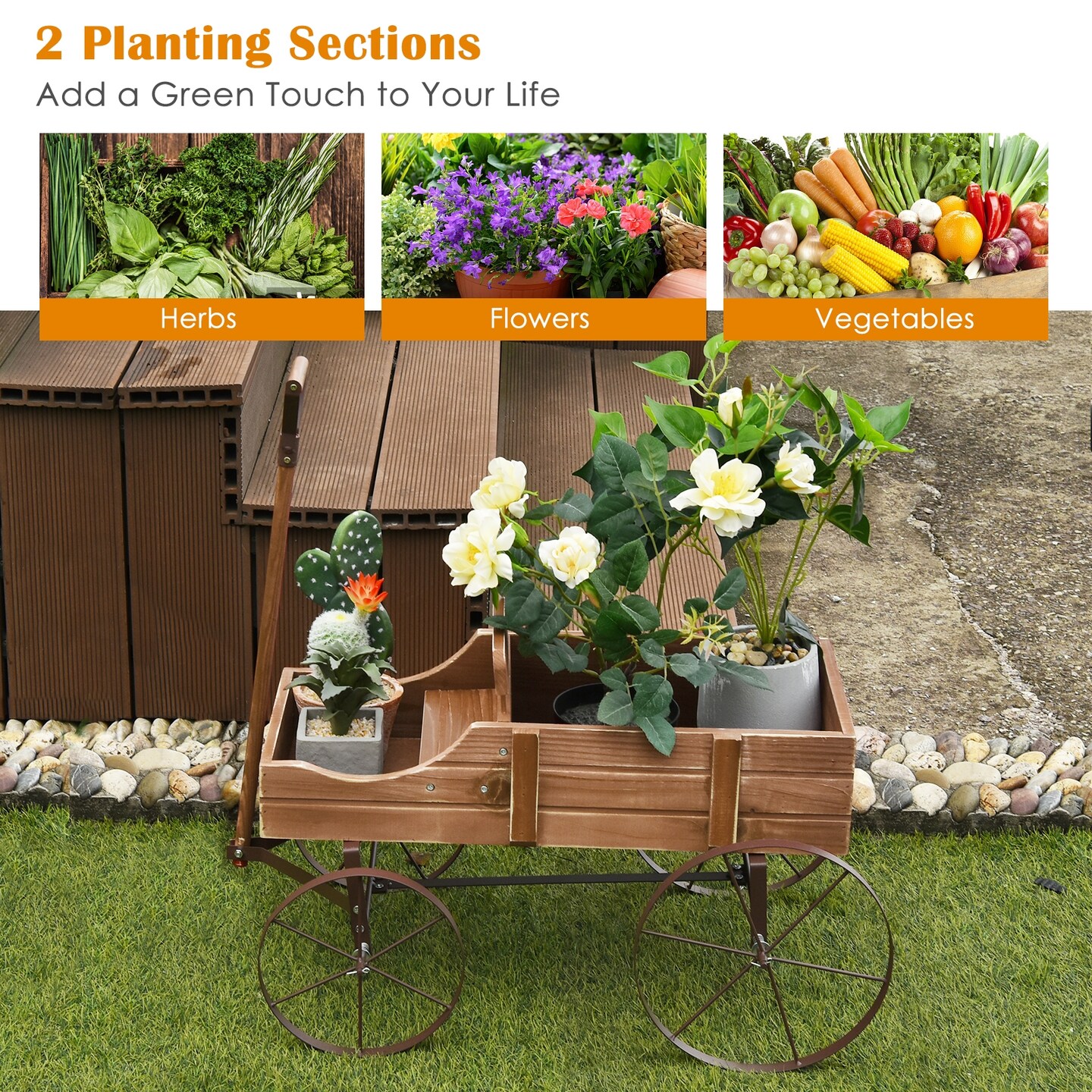 Wooden Wagon Plant Bed With Wheel for Garden Yard