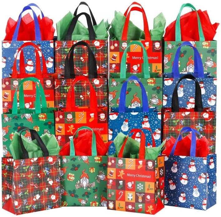 16 Pack Small Christmas Gift Bags with Tissue Paper, Non-Woven Christmas Treat Bags Reusable Tote Bags with Handles for Kids Candy Goodie Bags Christmas Bags Xmas Party Favors