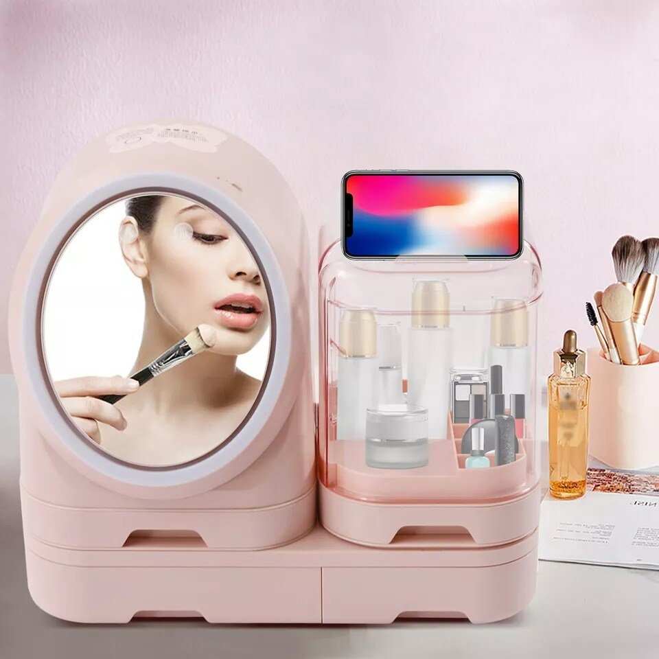 Makeup Organizer Modern Jewelry Cosmetic Storage With 3 Level LED &#x26; Mirror &#x26; Fan
