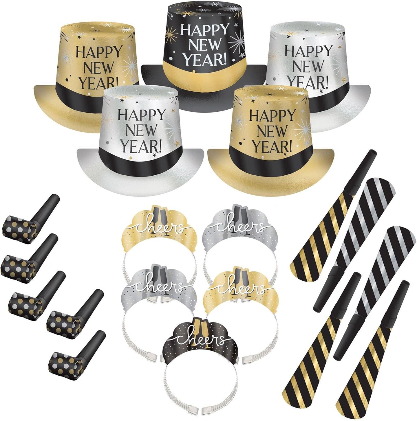 Party City New Year&#x2019;s Eve 2025 Wearables and Noisemakers for 10 Guests, Party Supplies, Black, Gold and Silver, 20 Piece