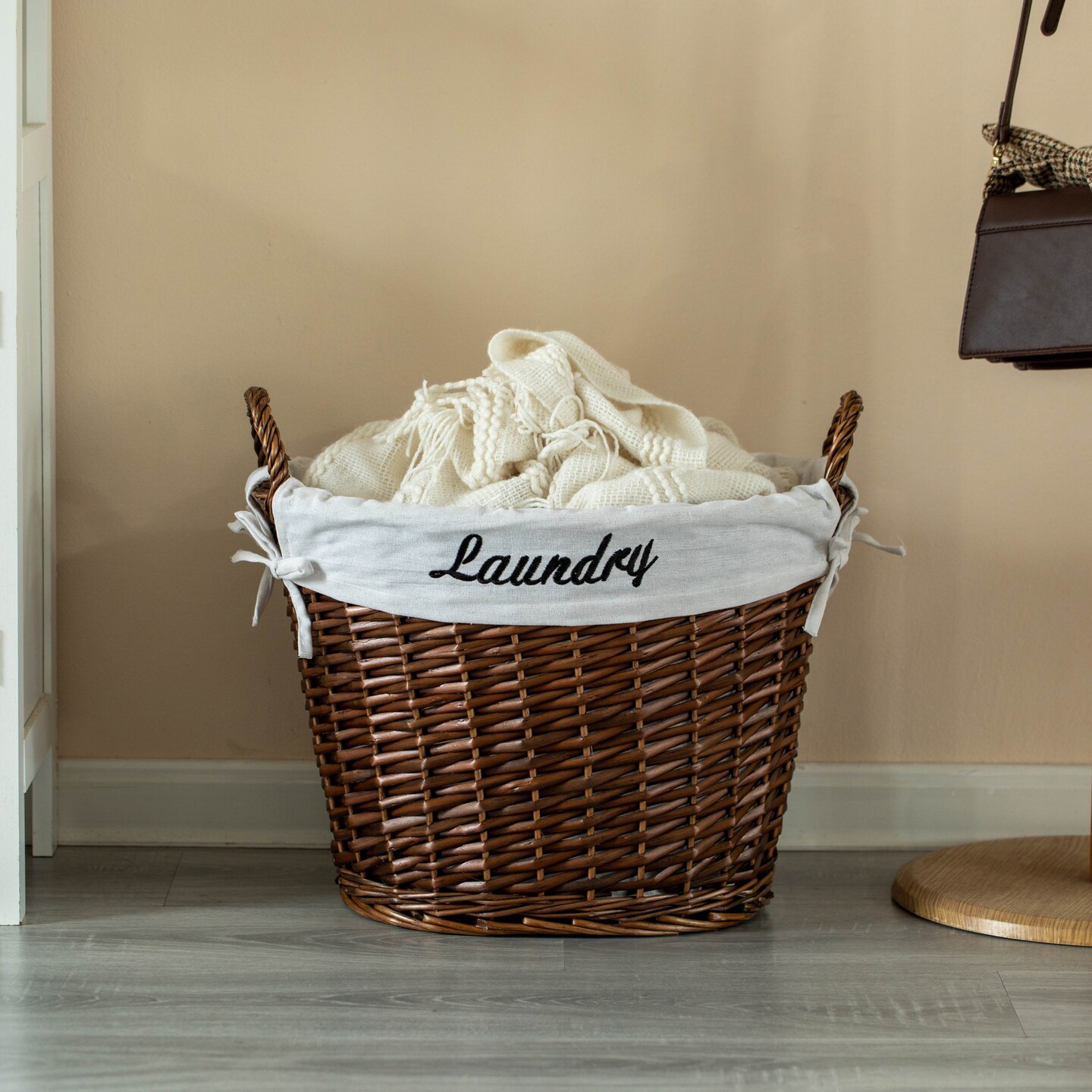 Wickerwise Handwoven Laundry Basket with Liner &#x26; Handles - Boho Decorative Storage Hamper for Clothes Blankets Pillows and Towels - Ideal for Laundry Room Bathroom Bedroom and Living Room