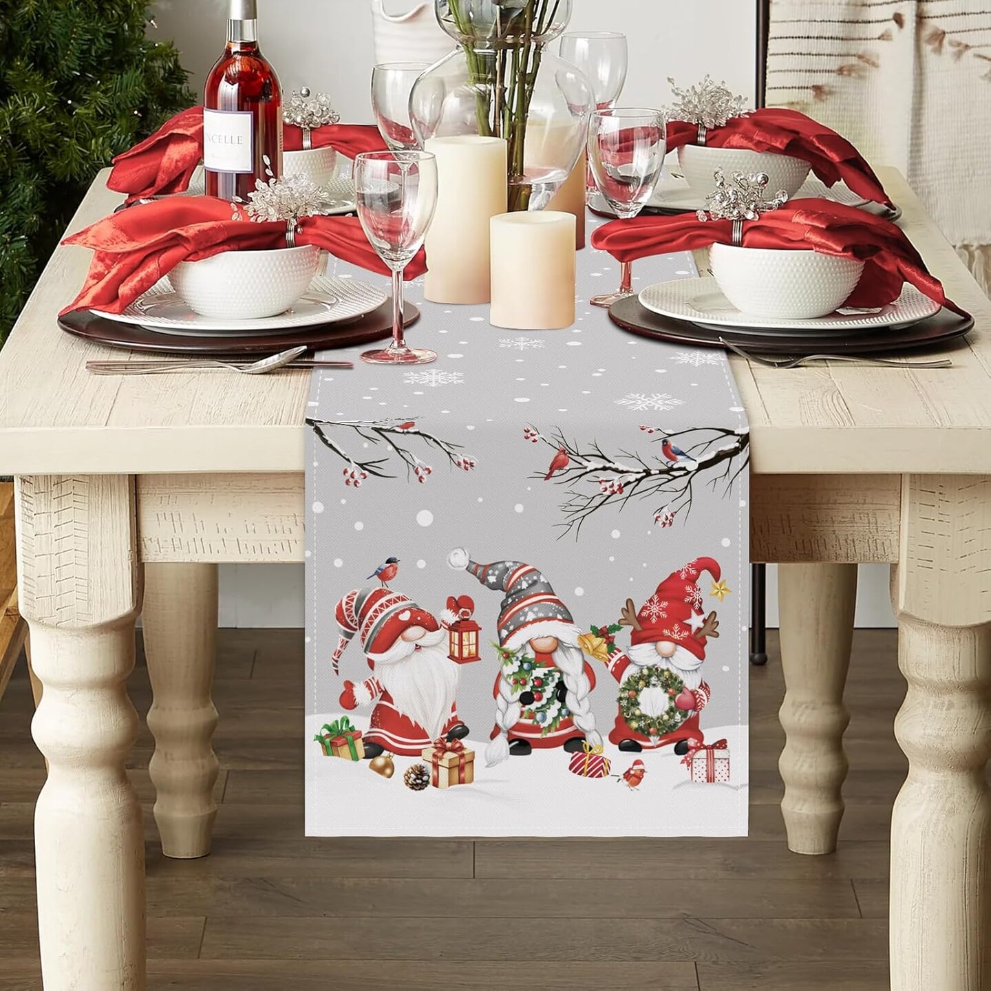 Grey Christmas Gnome Table Runner, Seasonal Winter Snowflake Xmas Holiday Table Runner for Party Kitchen Home Decor, 13x72 Inch Gnomes Christmas Home Decorations Table Runner