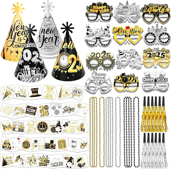 New Year Eve Party Supplies 2025, 68pcs Black Gold Silver Happy New Year 2025 Cone Hats New Years Eve Hats 2025 Glasses Party Blowouts Tattoos Bead Necklaces NYE Party Favors 2025 Decorations