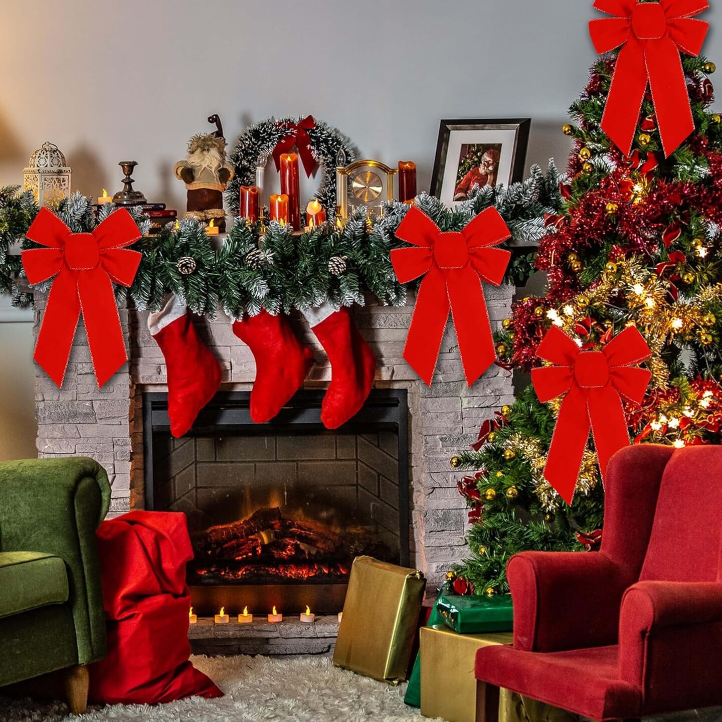 10 Pcs Red Bows Christmas Tree Decorations,9&#x201D;x13&#x201D; Large Velvet Wreath Bow with Glitter Gold Edge for Xmas Home Fence Stairs Railing Fireplace Indoor Outdoor Front Door Decor