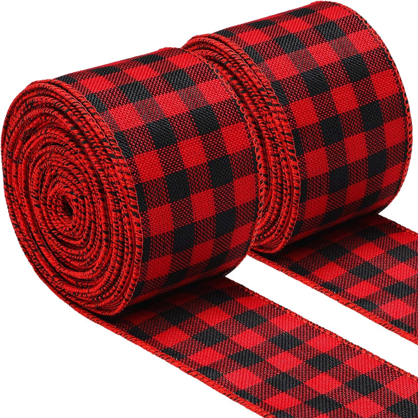 2 Rolls 2.5 Inch Wide Red Black Buffalo Plaid Ribbon Christmas Wrapping Ribbon Wired Edge Burlap Check Ribbon Gingham for Christmas Wreath Tree Gift, 39.3 ft