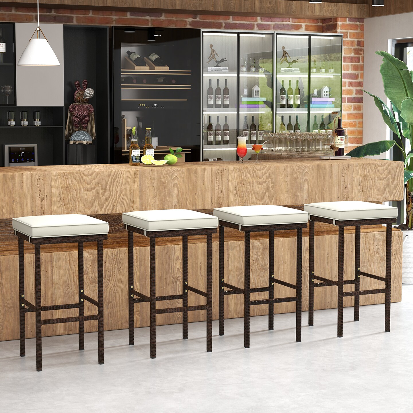 Set of 2 Patio Wicker Bar Stools with Seat Cushions and Footrest