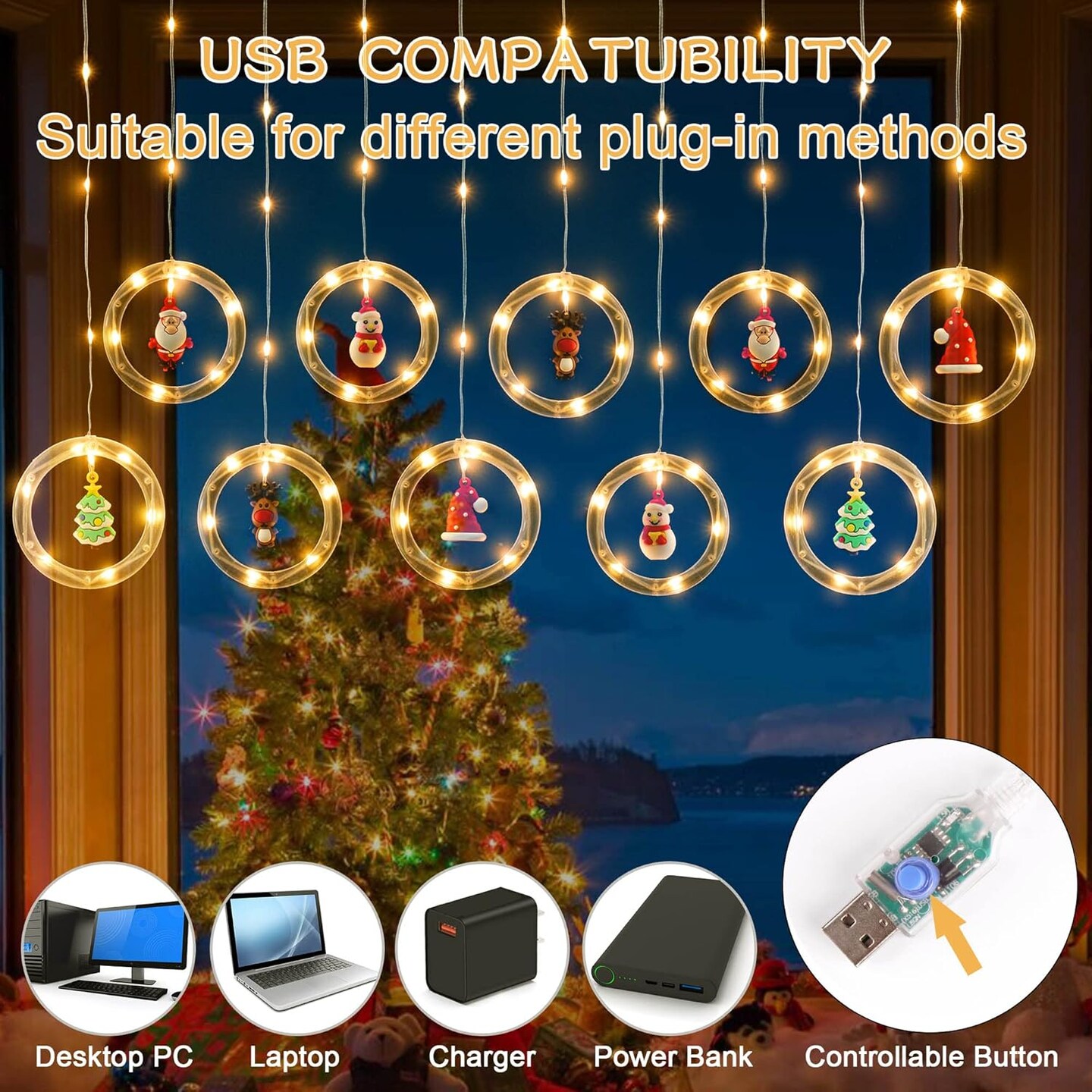 Christmas String Curtain Lights Indoor: Led Fairy Hanging Twinkle Xmas Light for Tree Window Bedroom Outdoor Decorations USB Plug (Yellow)