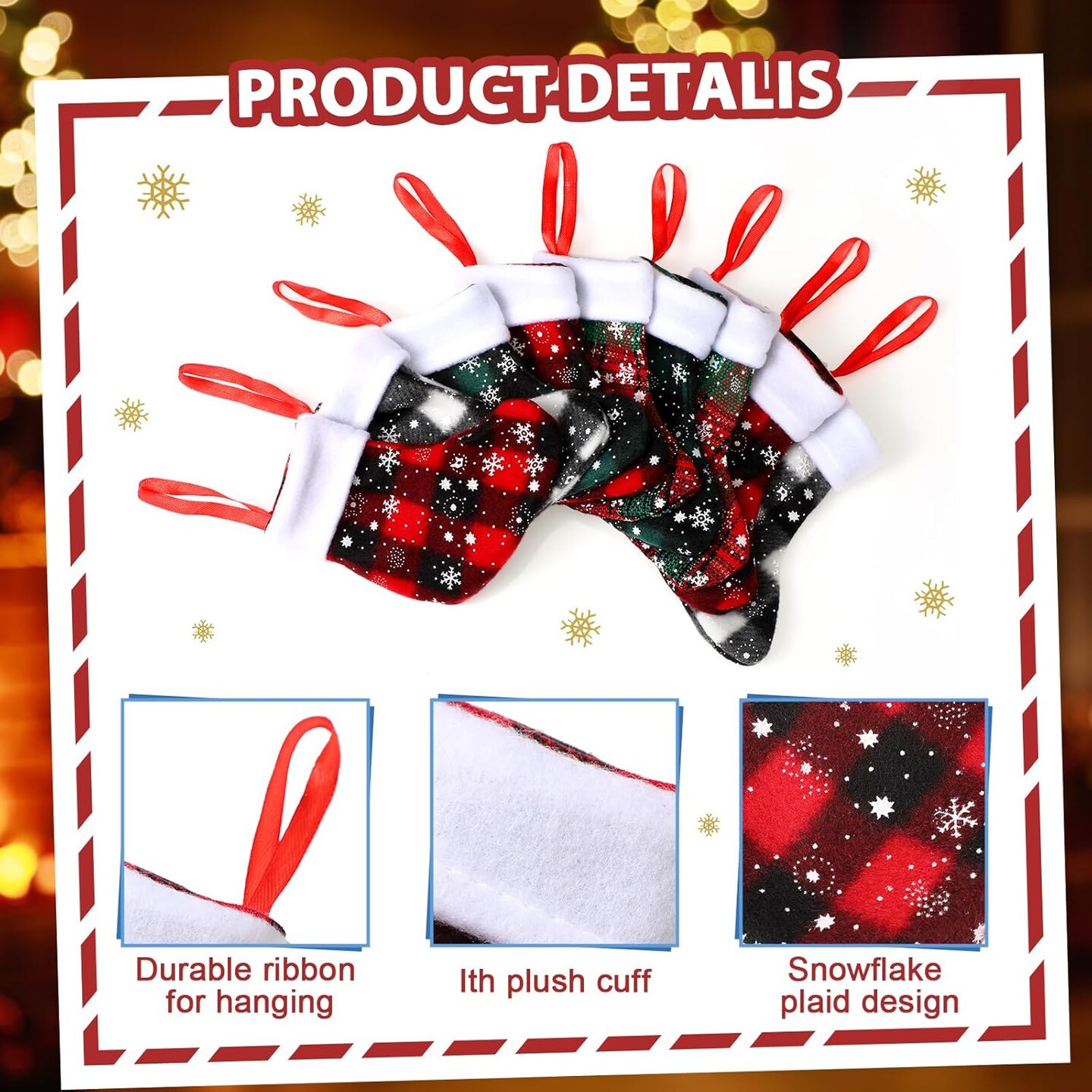 Mini Christmas Stockings Buffalo Plaid Snowflake Stockings with Plush Cuff Christmas Socks Bulk for Christmas Tree Hanging
