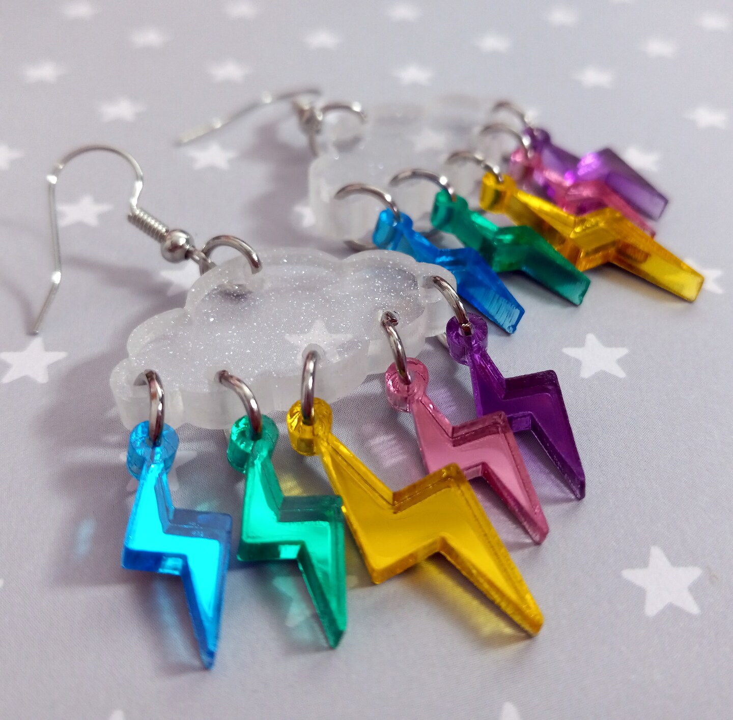 Lightning Bolt Rain Cloud Dangle Earrings, Glows in Black Light, Raindrops Weather Rave Jewelry, White Cloud Statement Earrings product 4