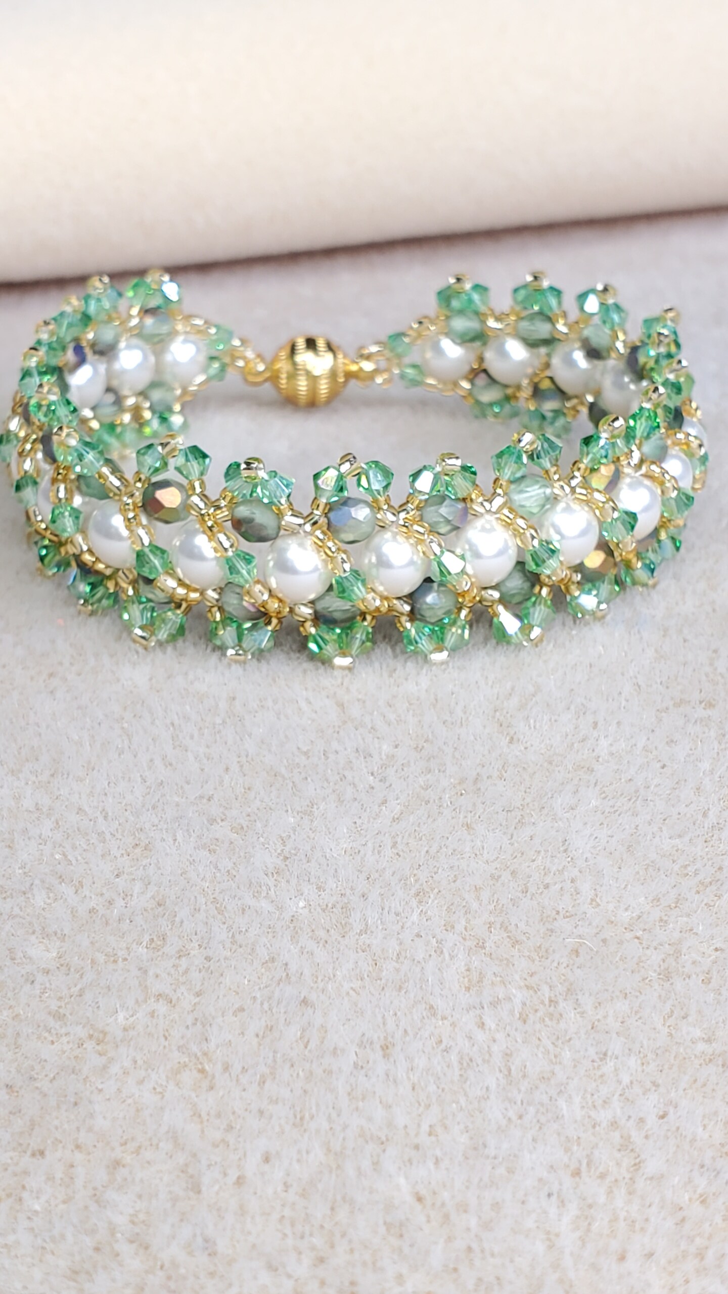Crystal and Pearl Flat Spiral Bracelet Beaded Bracelet Handwoven