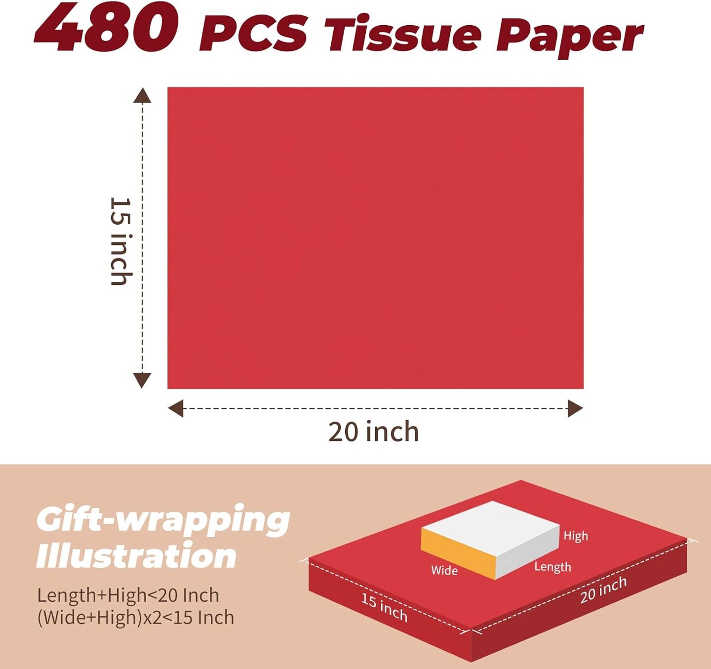 Red Tissue Paper for Gift Bags, 480 Sheets 15 x 20 Inches Red Tissue Paper Bulk for Packaging, Gift Wrapping Tissue Paper for Crafts, Christmas, Wedding, Birthday, Holiday, Party Decor