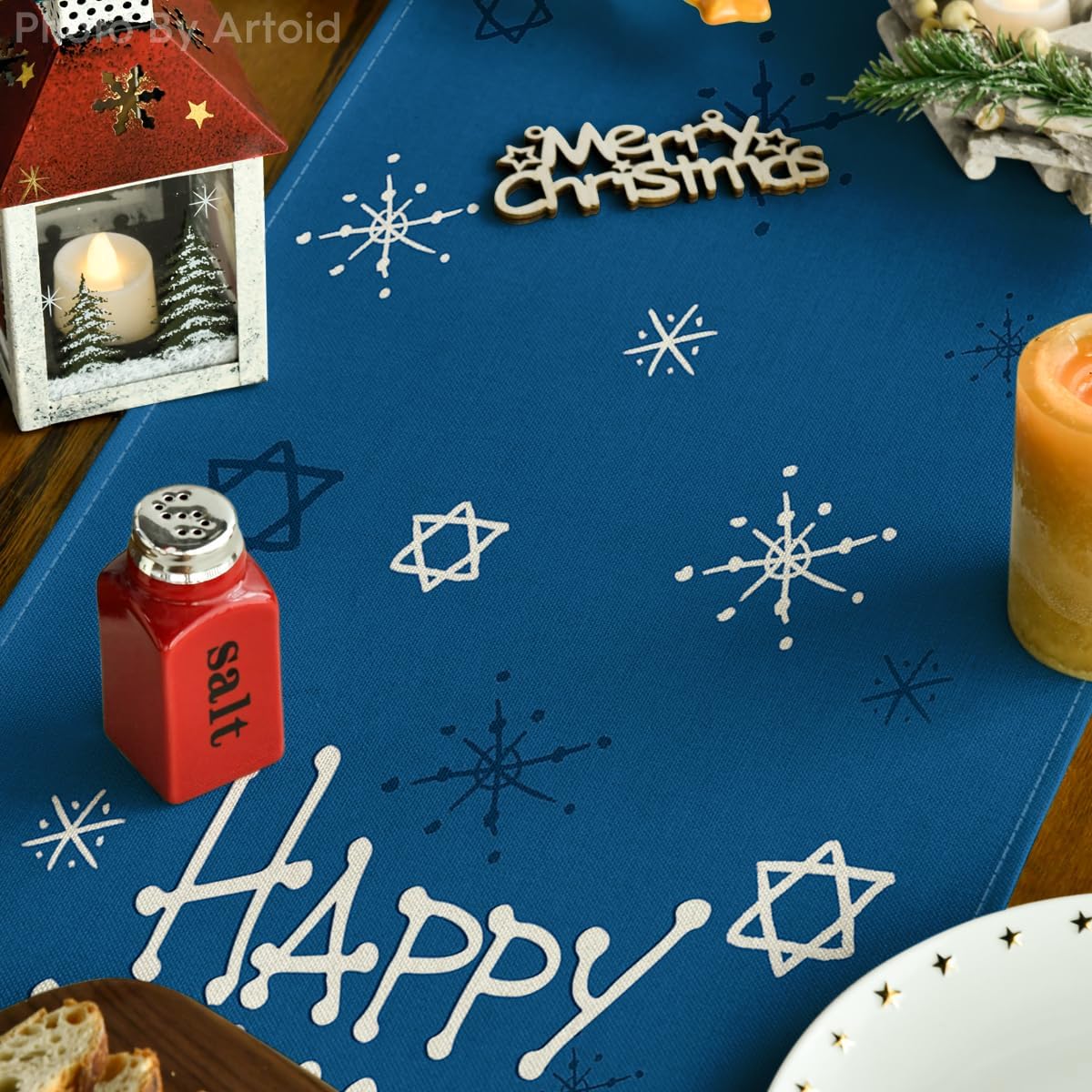 Snowman Menorah Happy Hanukkah Table Runner, Chanukah Holiday Kitchen Dining Table Decoration for Home Party Decor 13x72 Inch