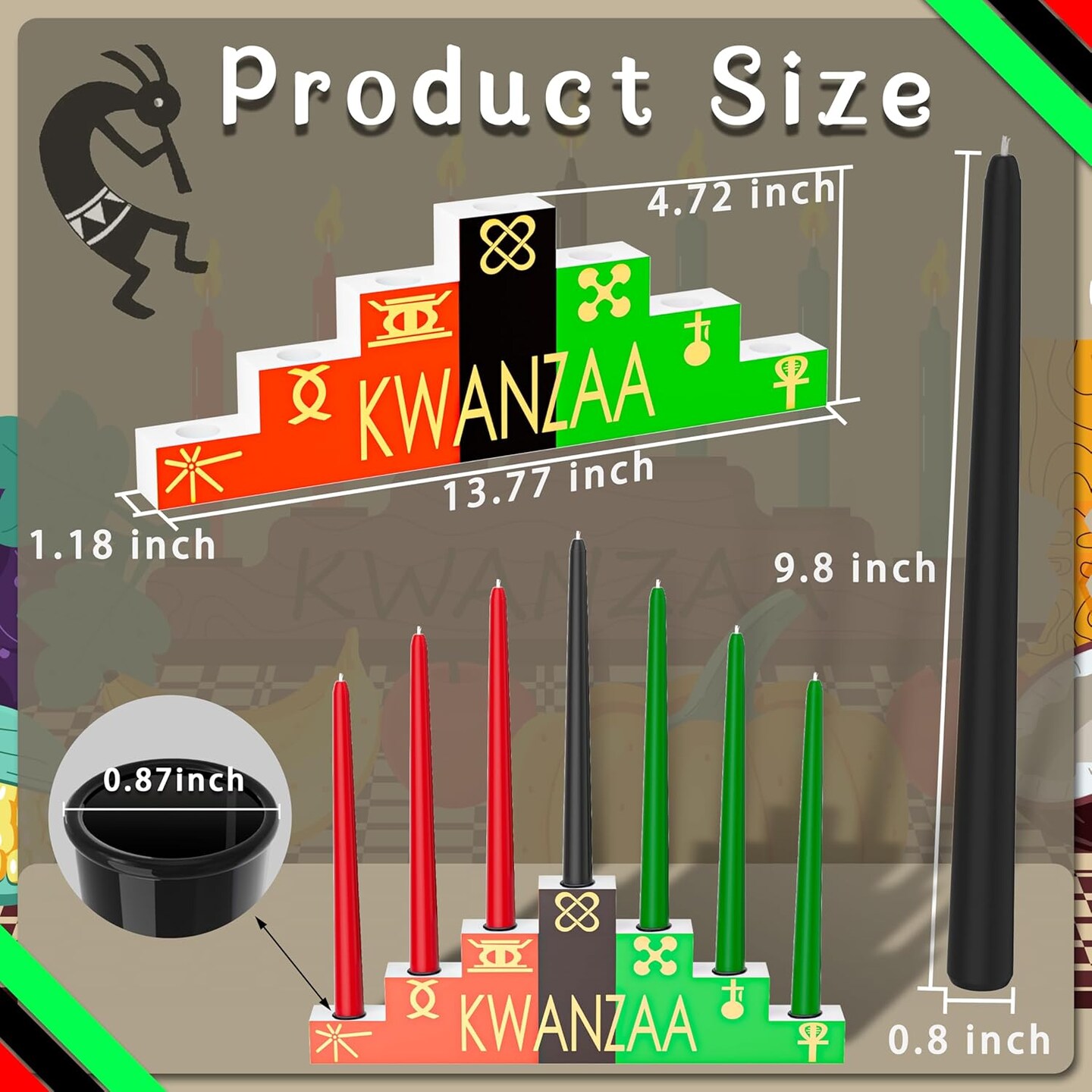 Green Taper Candles 10-Piece Set - 3 Red, 3 Green, 1 Black Kwanzaa Kinara