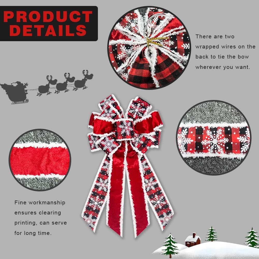 Large Christmas Bow for Wreath, Red Black Buffalo Plaid Christmas Wreath Bows for Front Door, Red Velvet Decorative Wreath Bow Snowflake Wreath Bows Christmas Bows for Lndoor Outdoor Xmas Decorations