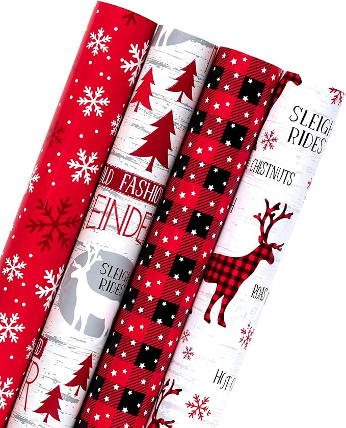 Paper Roll - Rustic Holiday Woodland Scenes - Snowflake, Plaid, Reindeer - 4 Rolls - 30 Inch X 120 Inch Per Roll