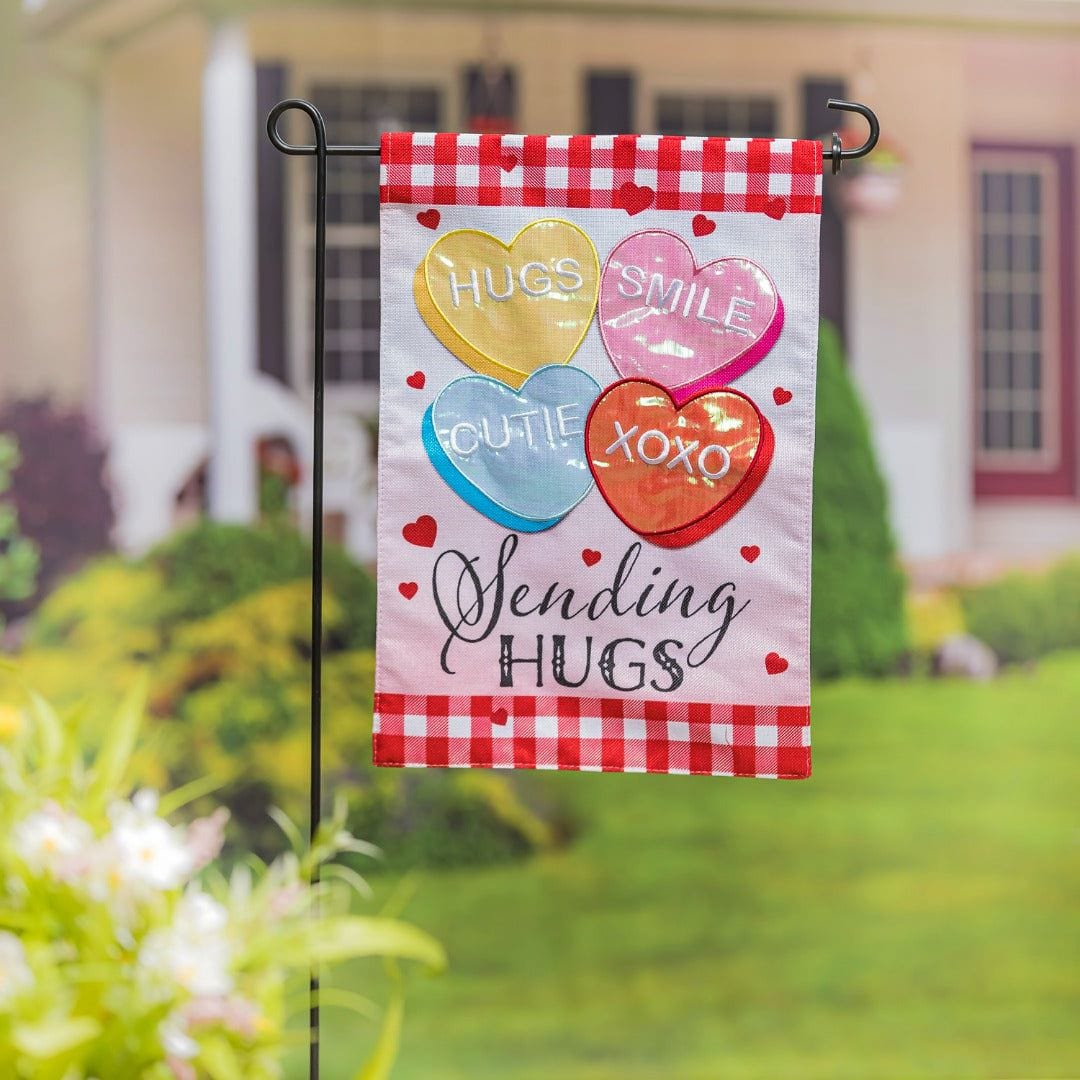 Sending Hugs Valentine Garden Flag 2 Sided Burlap