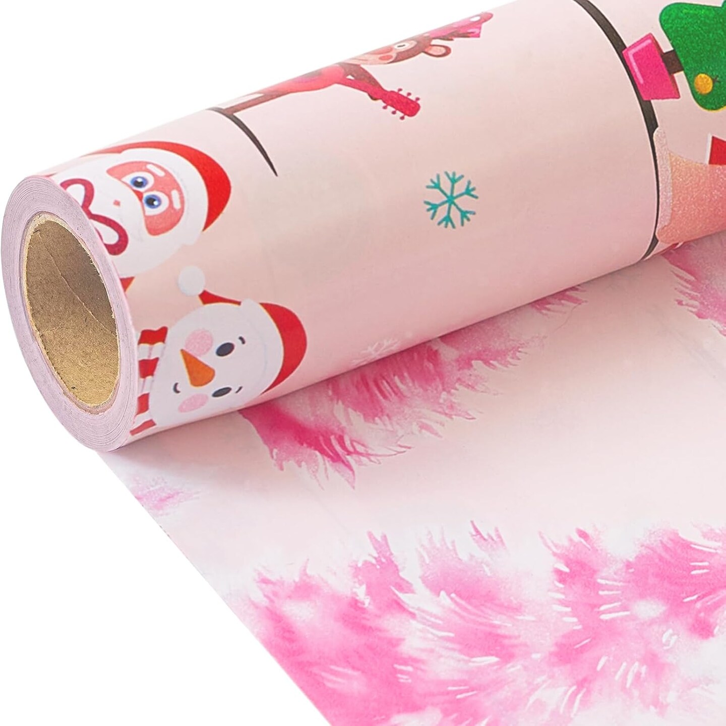 Pink Christmas Wrapping Paper Reversible Mini Roll 17 Inch X 33 Feet, Santa Claus and Christmas Tree Print Wrapping Paper for Kids Gift Wrapping, Christmas Family Party, Christmas Tree Decorations