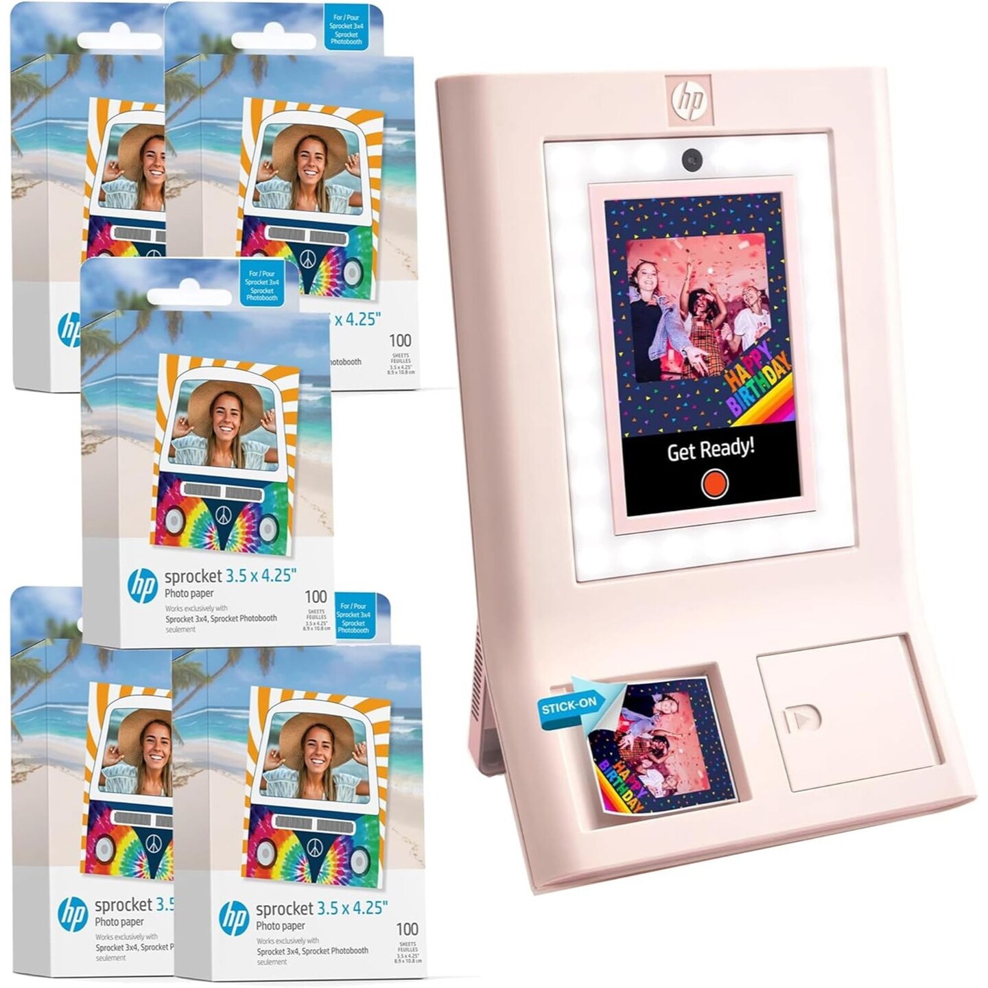HP Sprocket Photobooth 3x4" Photo Printer Bundle w/3.5 x 4.25” Zink Photo Paper (500 Sheets)
