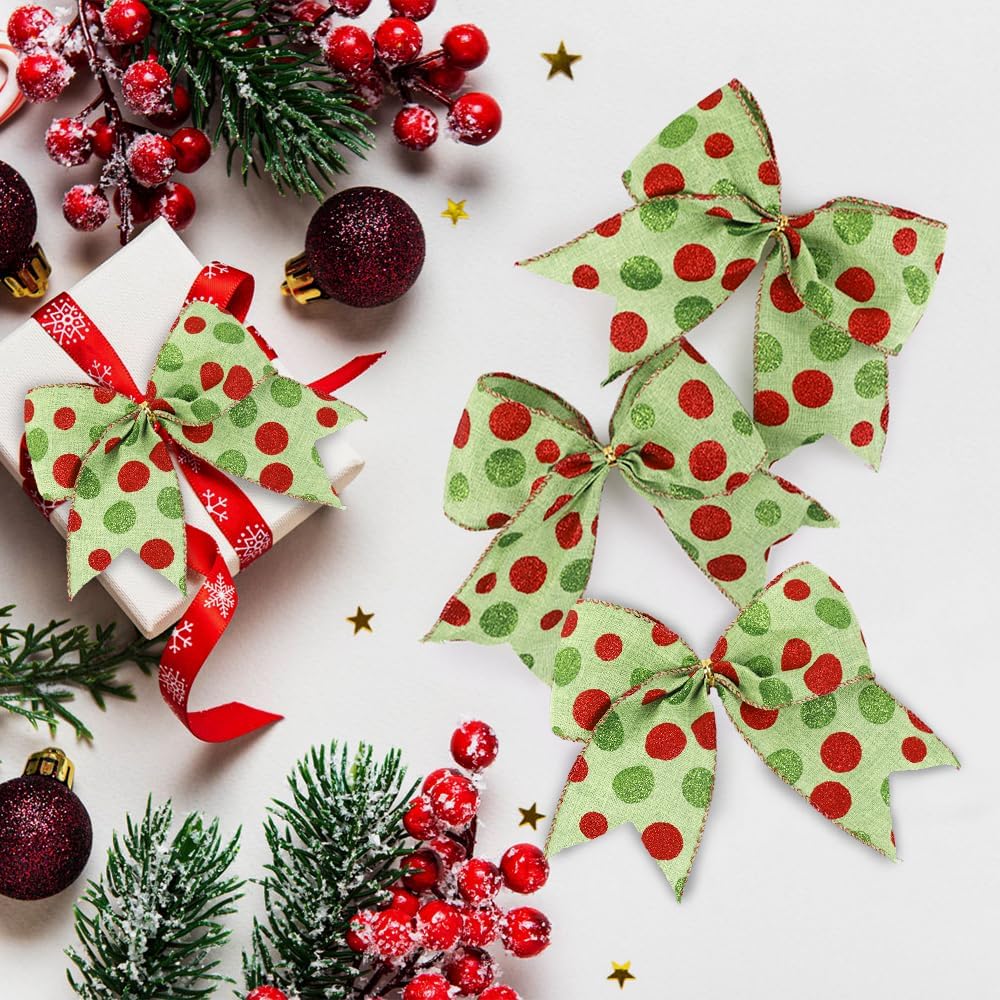 12pcs Christmas Bows Ornaments 6.3 Inch Large Christmas Wreath Bows Red Green Xmas Tree Bows Christmas Glitter Dot Bows Ribbons Decoration for Garland Wedding Home Holiday Party