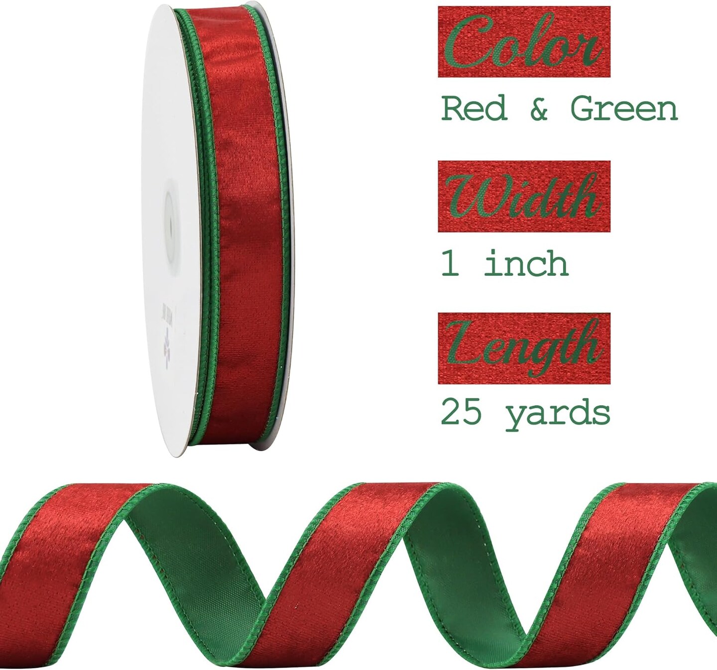 Crushed Red Velvet Ribbon with Green Back Double Sided Christmas Wired Ribbon 1 Inch Velvet Wired Ribbon 25 Yards Red and Green Velvet Ribbon for Christmas Tree, Wreath Supplies, Crafts Bow