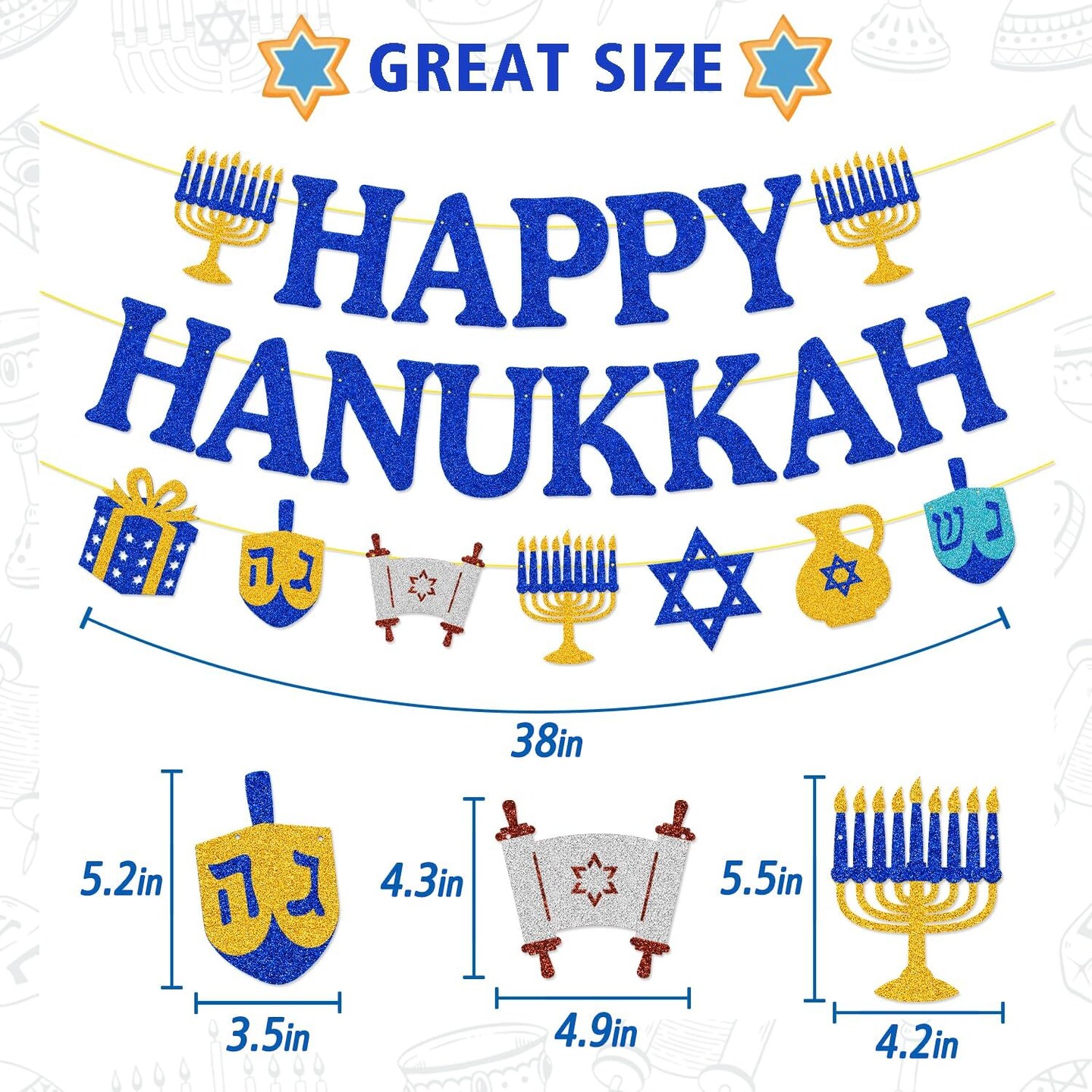 Happy Hanukkah Banner Chanukah Hanukkah Holiday Theme Garland Chanukah Festival Party Decorations Glitter Blue Jewish Christmas Party Supplies