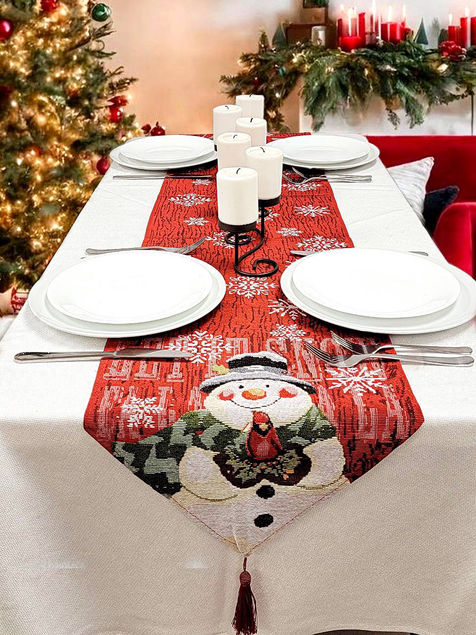 Snowman Christmas Red Table Runner