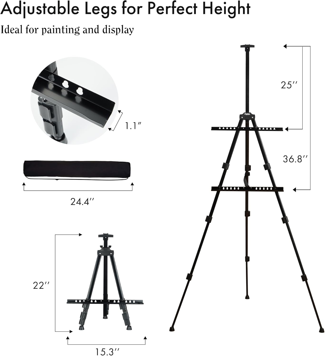 Artify Easel for Painting, Double-Tier Easel Stand, Adjustable Height from 22-66 Inches, Tripod for Painting and Display with Carrying Bag, 66 Inches, Black