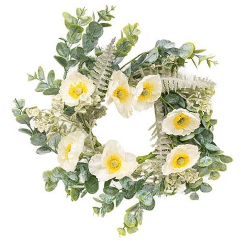 4.5" Alabaster Poppy Candle Ring with Green Paper-Wrapped Base and Fabric Flowers