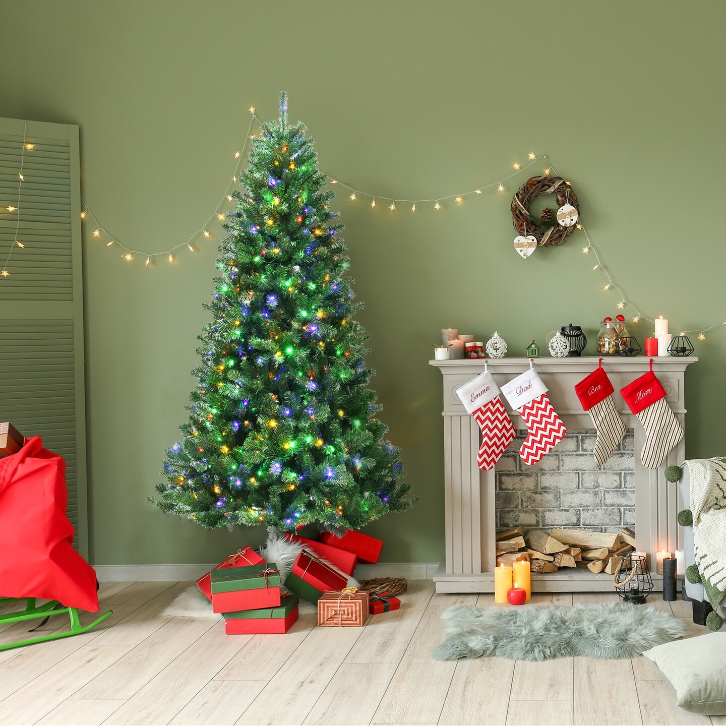 Artificial Hinged Christmas Tree with Remote-Controlled Color-Changing LED Lights