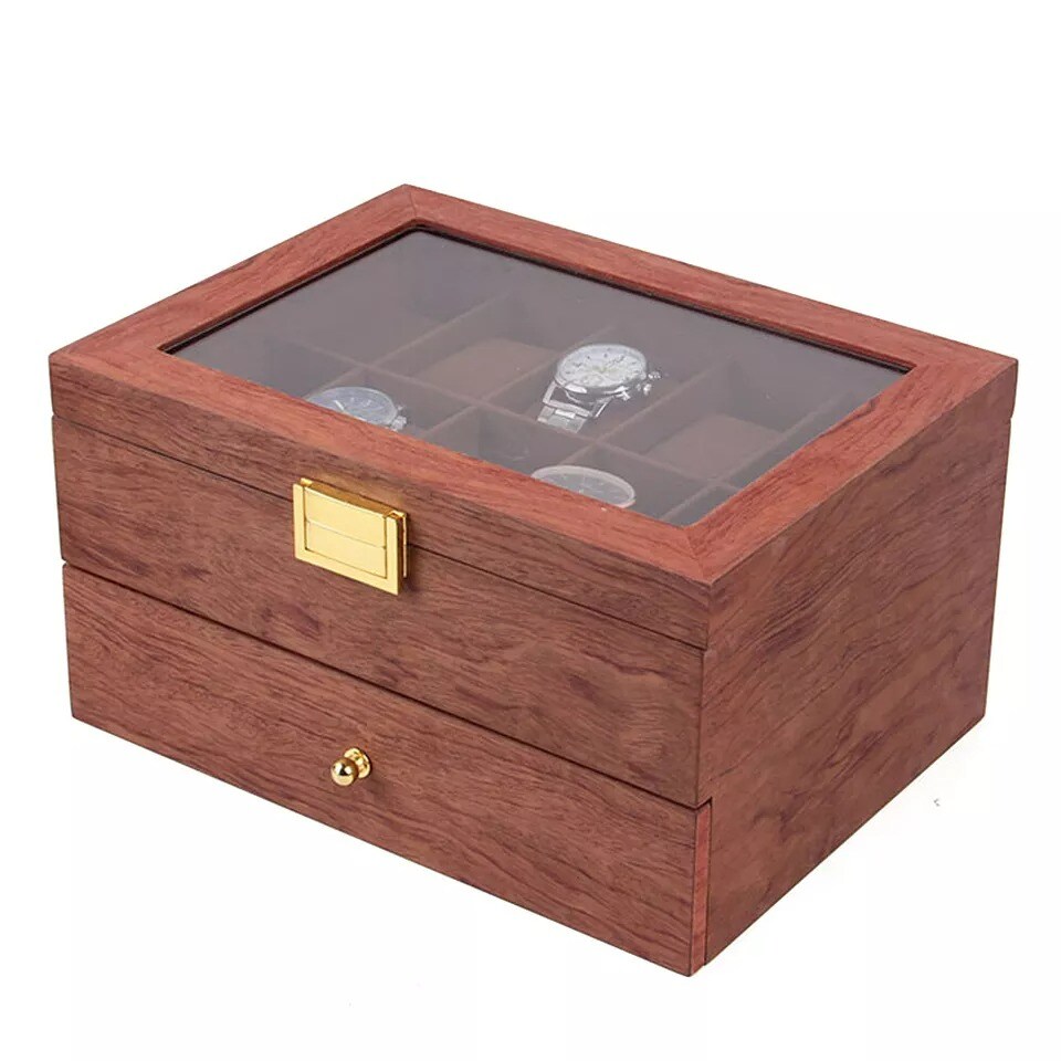20-Slot Wooden Watches Storage Box Jewelry Organizer Case Glass Top with Drawer