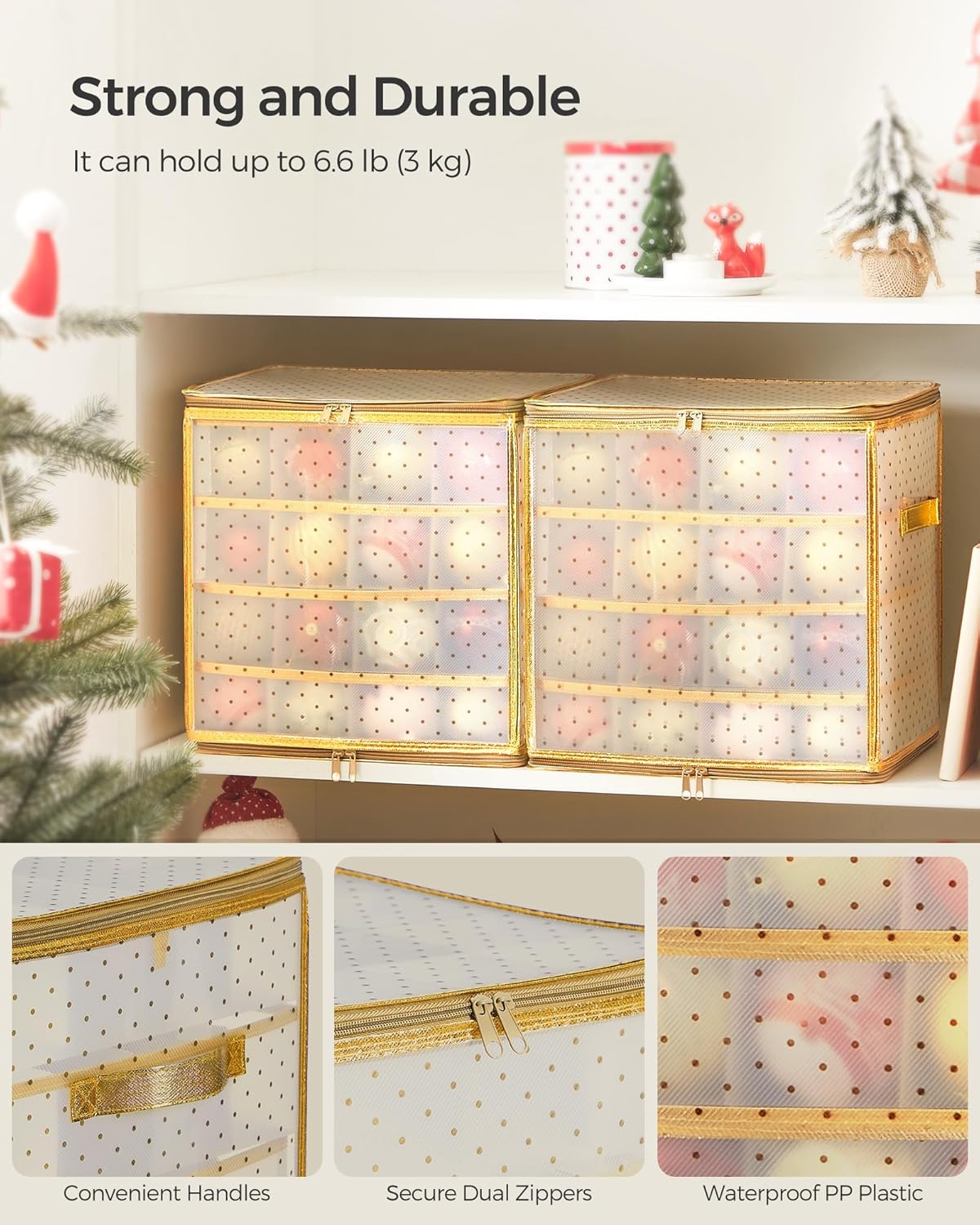Plastic Christmas Ornament Storage Box, Christmas Ball Organizer, Holds 64 Balls up to 3-Inch, Removable Dividers, Sandy Gold URFB029A03