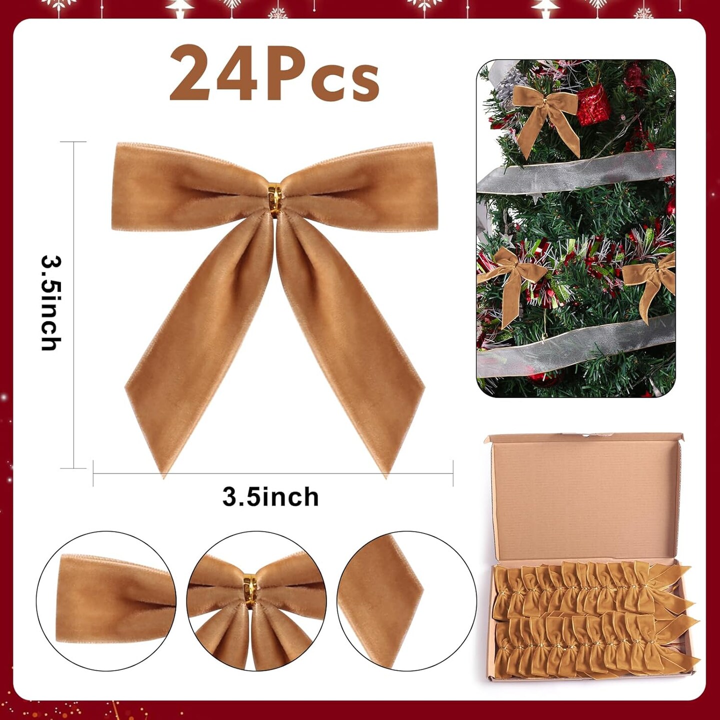 24 Pcs Camel Small Velvet Christmas Bows for Christmas Tree, Wreath, Gift Wrapping, Crafts, Wedding, Party, Twist Tie Bows for Treat Bag Bakery Candy Bags, Home Decor 1&#x22; W,3.5 x 3.5 inch