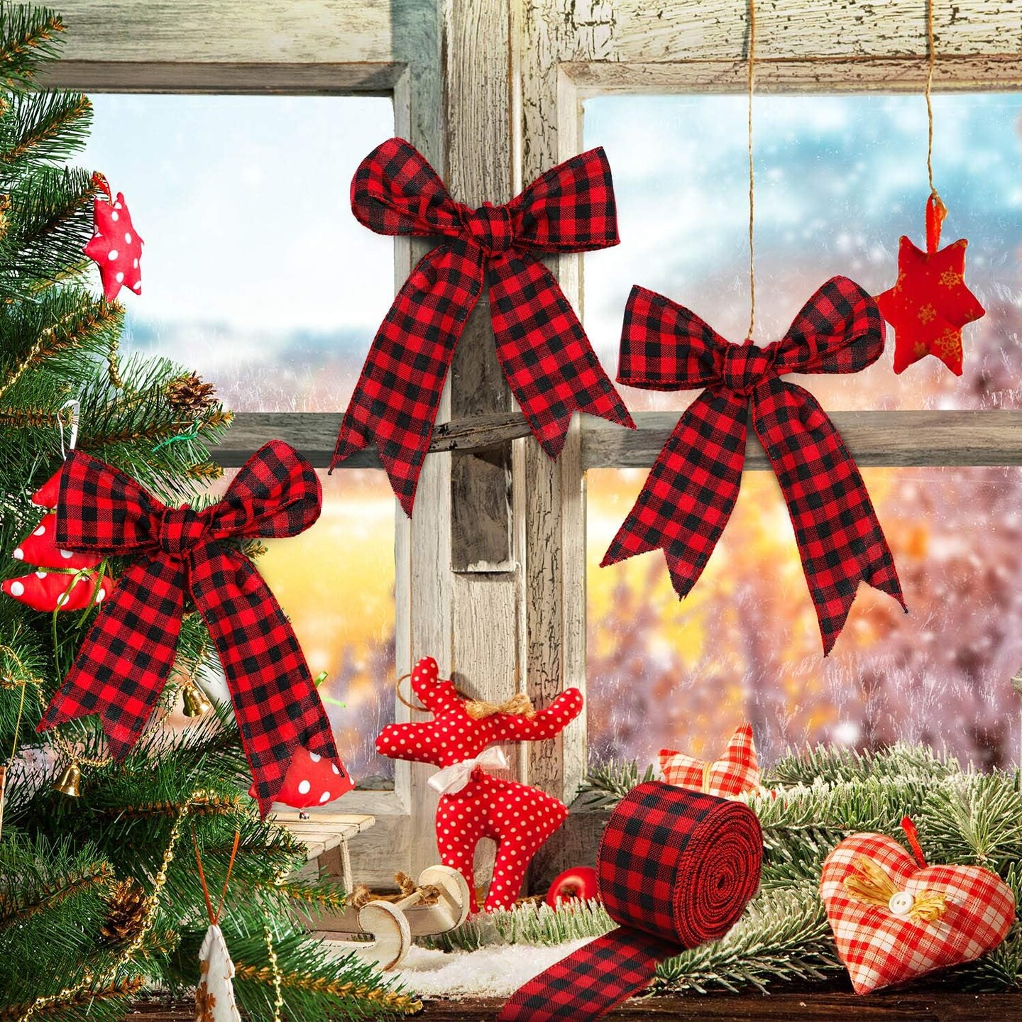 2 Rolls 2.5 Inch Wide Red Black Buffalo Plaid Ribbon Christmas Wrapping Ribbon Wired Edge Burlap Check Ribbon Gingham for Christmas Wreath Tree Gift, 39.3 ft