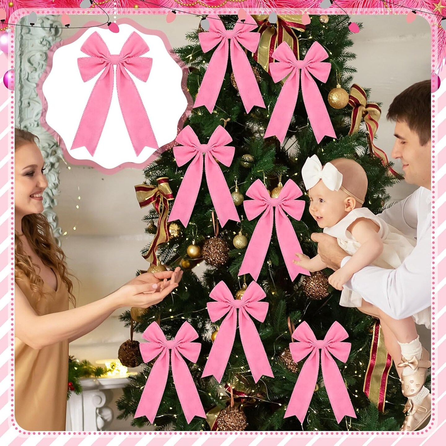 24 Pcs Velvet Christmas Wreath Bow 5 x 7.9 Inch Rustic Velvet Christmas Bows Vintage Christmas Tree Ornaments Bows for Xmas Holiday Garland Home Decor Wedding Outdoor Indoor Decoration (Pink)