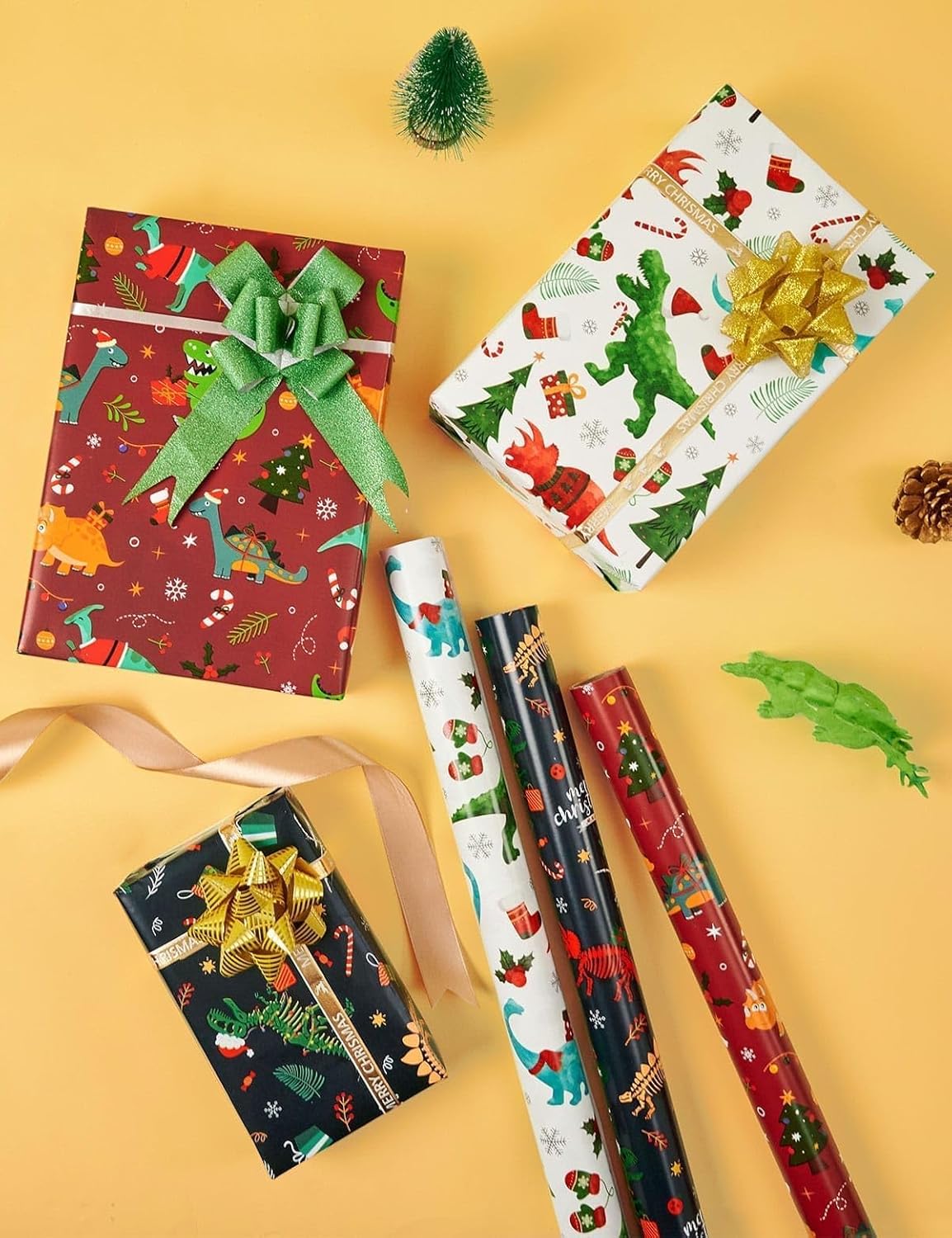 Christmas Kids Wrapping Paper - 3 Rolls 17" x 120" Kids Christmas Dinosaur Wrapping Paper Rolls Boys Christmas Wrapping Papers Christmas Birthday Gift Wrap Paper with Cutting Line
