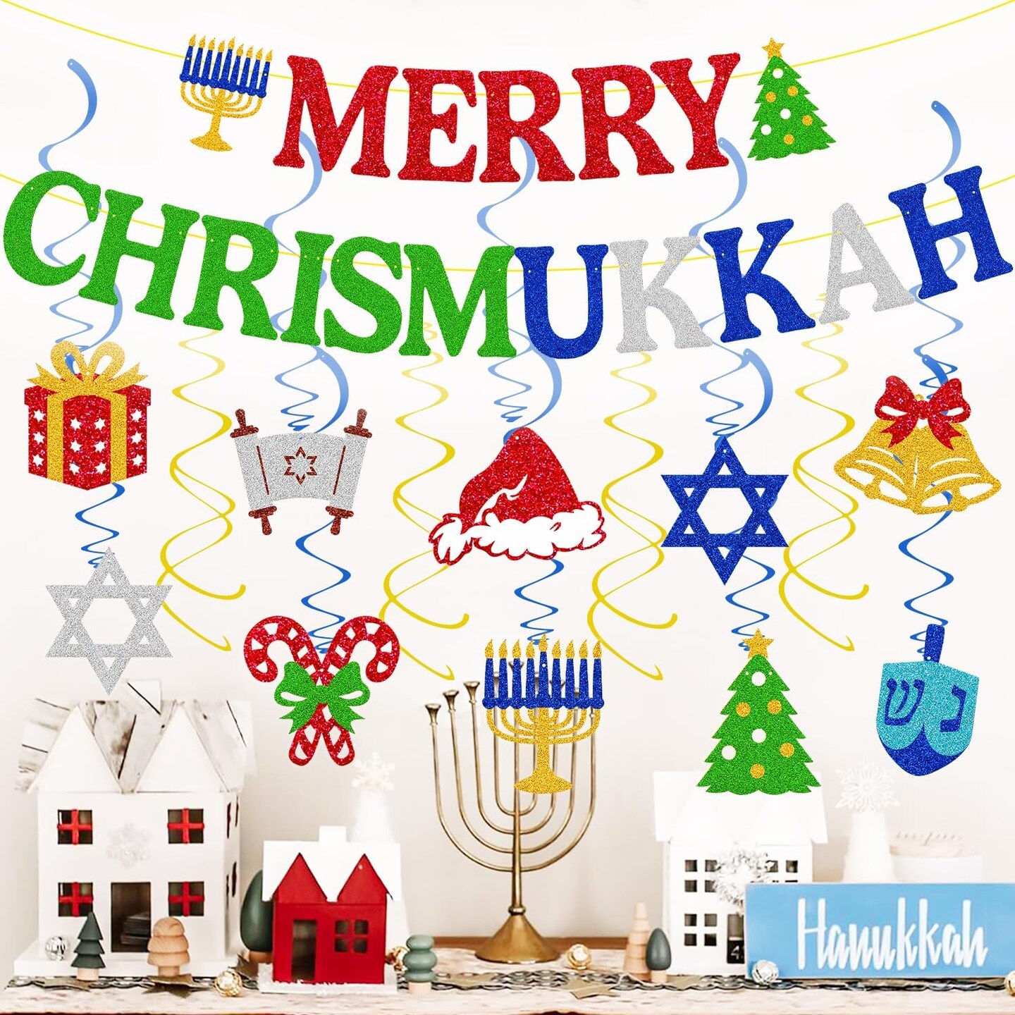 Merry Chrismukkah Banner Merry Chrismukkah Party Decorations Christmas &#x26; Hanukkah Theme Hanging Swirls Merry Christmas Happy Hanukkah Party Decor Chanukah Festival Holiday Party Supplies