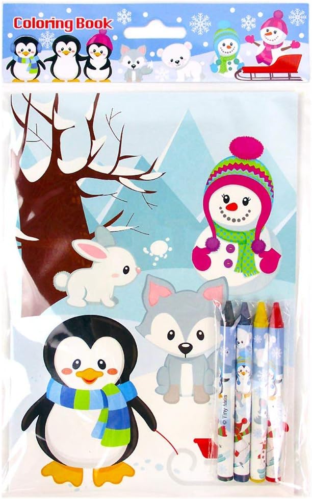 TINYMILLS Winter Snowman Penguins Coloring Book Crayon Set for Kids Party Favors with 12 Coloring Books and 48 Crayons for Holiday Goody Bag Stuffers for Kids Gifts Carnival Prizes Classroom Gift
