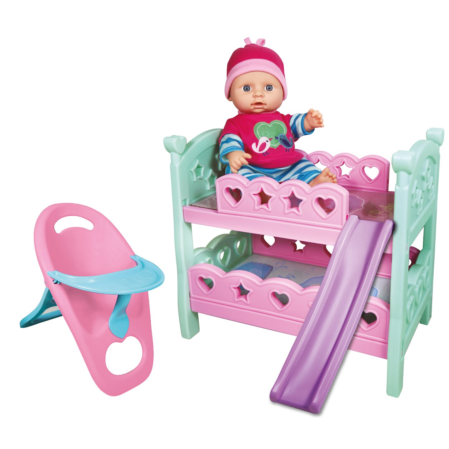 Lissi: 12&#x22; Doll Set: Bunk Bed &#x26; highchair - Pink, Green, Blue - 3pc Baby Doll Feeding &#x26; Sleep Toy Playset, Heart &#x26; Bird Outfit, Kids &#x26; Toddlers 2+