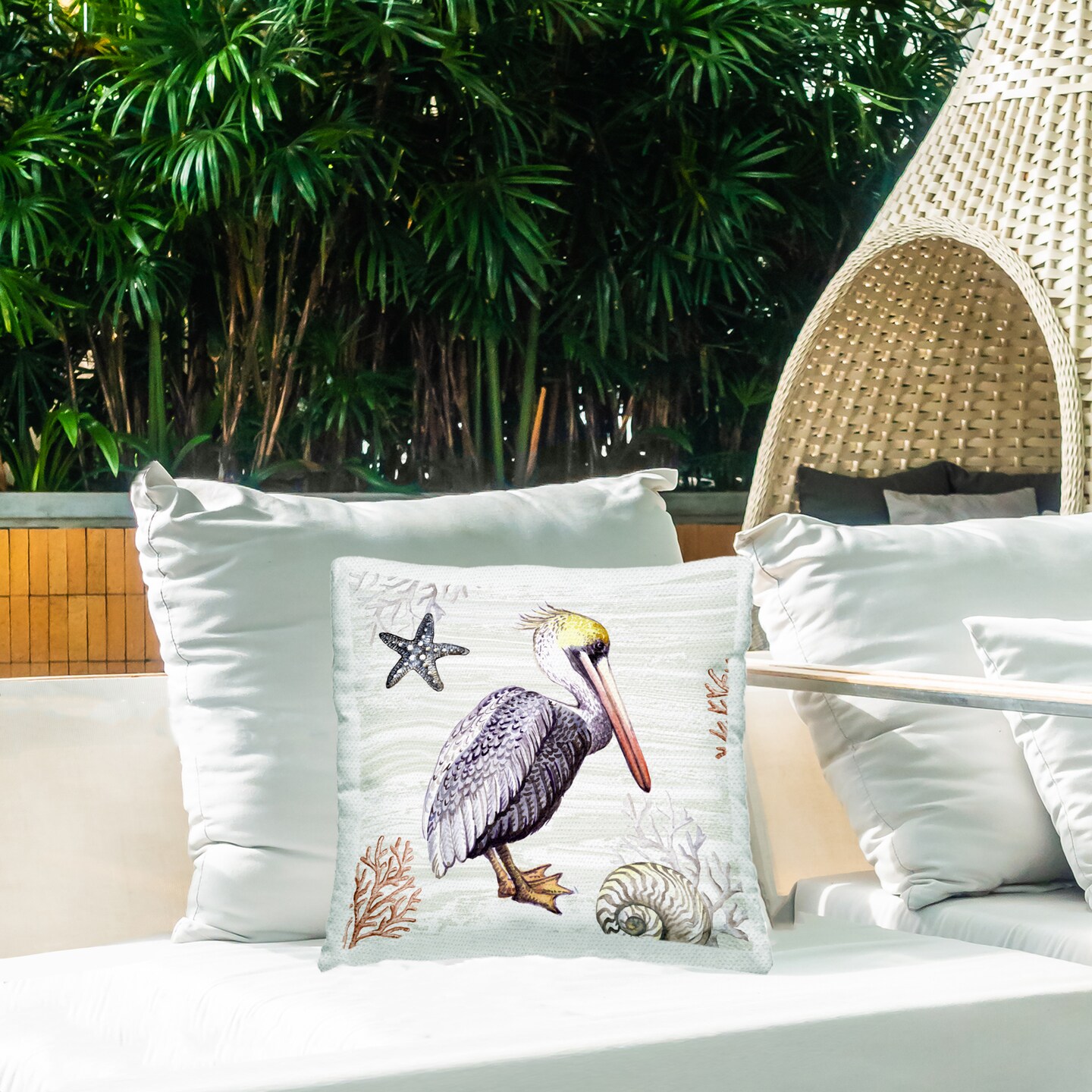 Beach Bird Pelican Outdoor Printed Pillow Design by Elena Vladykina, 18 x 7 x 18